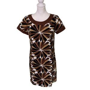 boden dress scoop neck brown and white flower design womens size 8 R knee length
